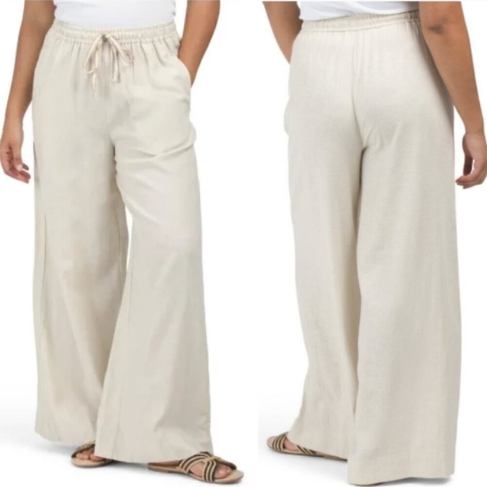 New NWT Linen Wide Leg Max Studio Pants Trousers Cream Tan Beige Washable
